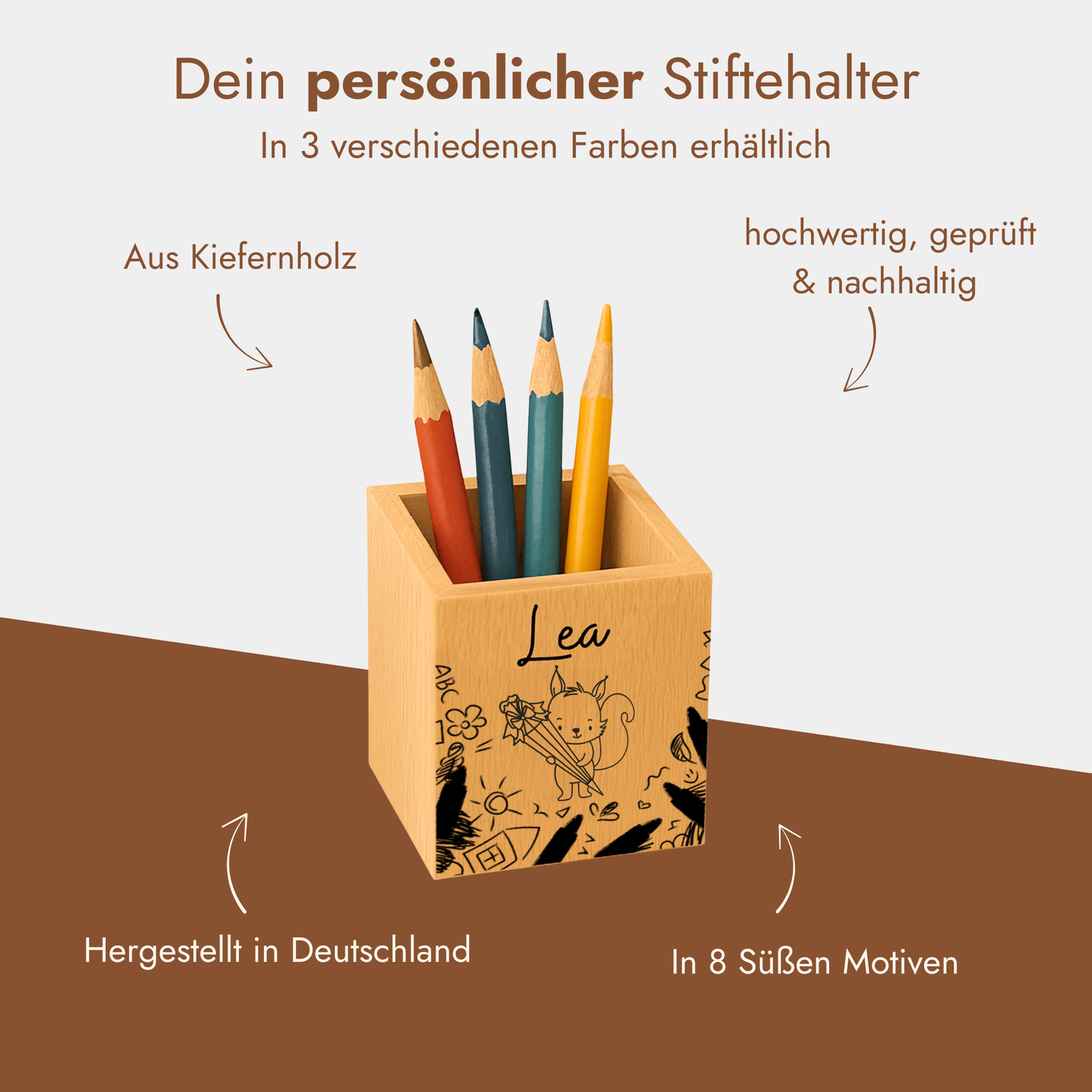 Personalisierter Stiftehalter aus Holz mit Gravur