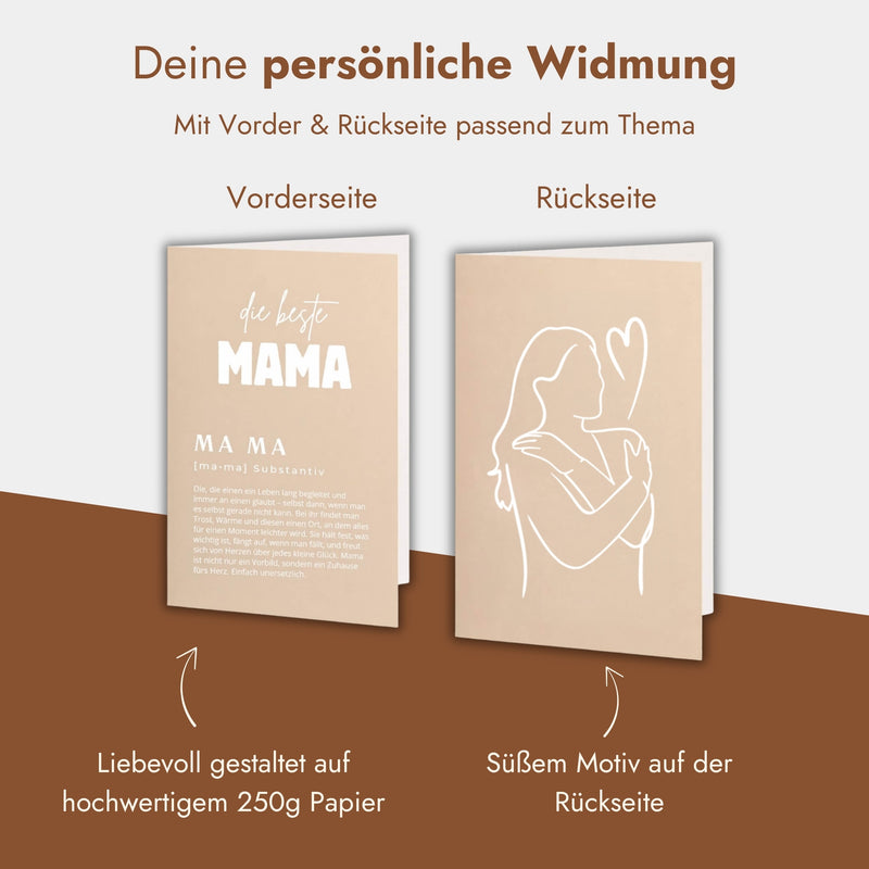 Personalisierte Geschenkkarte Mama in Beige mit Widmung und Mutter-Kind-Motiv auf der Rückseite.