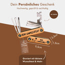 Fahrrad Multitool 9in1 aus Edelstahl mit personalisierbarer Gravur auf Holzgriff, inklusive Innensechskant-Werkzeuge und Flaschenöffner.