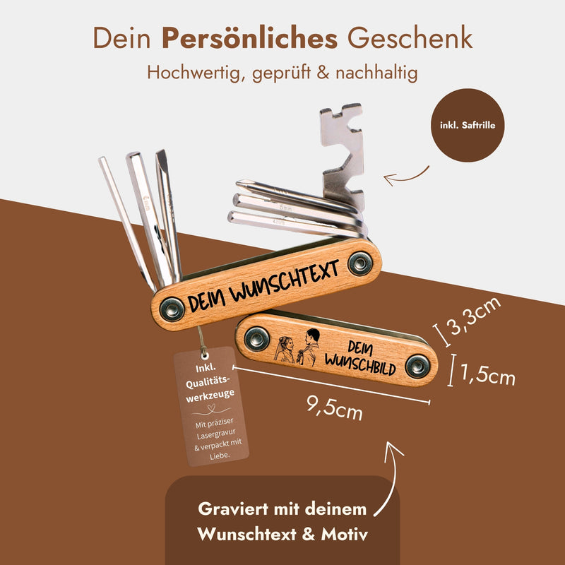 Fahrrad Multitool 9in1 aus Edelstahl mit personalisierbarer Gravur auf Holzgriff, inklusive Innensechskant-Werkzeuge und Flaschenöffner.