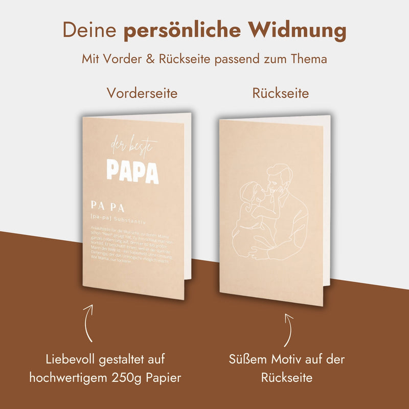 Personalisierte Geschenkkarte Papa aus Kraftpapier mit Definition-Druck und Vater-Kind-Motiv auf der Rückseite.