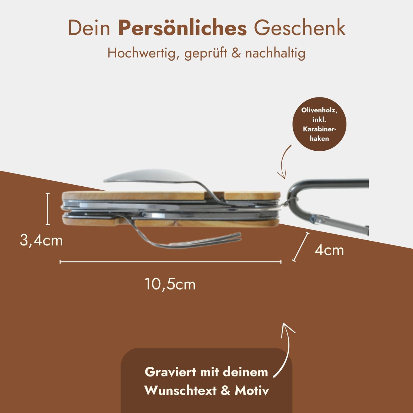 Kompaktes Campingbesteck Set aus Edelstahl mit Olivenholzgriff, Karabinerhaken und individueller Gravur.