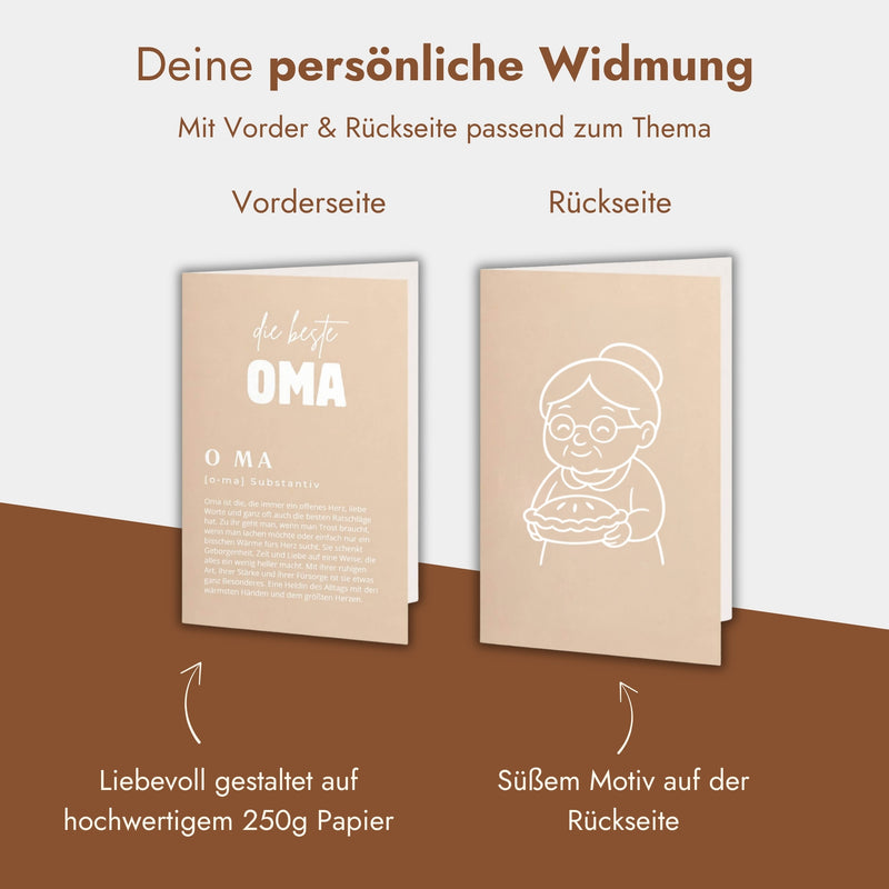 Personalisierte Geschenkkarte für Oma mit liebevoller Widmung auf Vorderseite und süßem Omi-Motiv auf Rückseite.