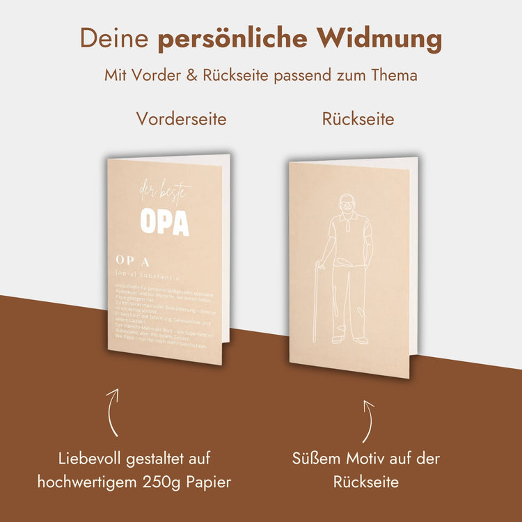 Personalisierte Grußkarte Opa aus 250g Papier mit liebevoller Widmung und Opa-Motiv auf der Rückseite.
