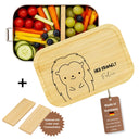 Personalisierte Edelstahl-Brotdose mit Bambusdeckel, Igel-Motiv und Namensgravur fuer Kinder.
