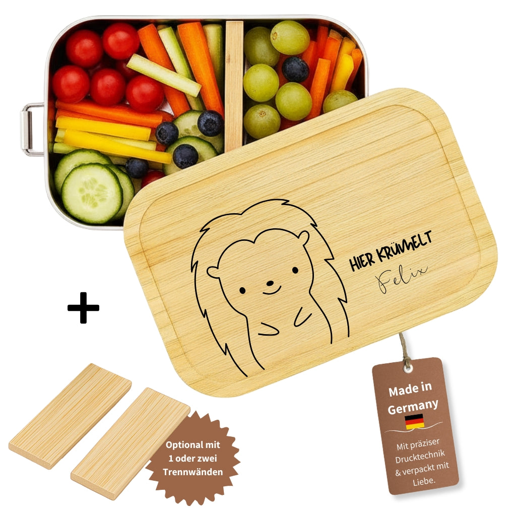 Personalisierte Edelstahl-Brotdose mit Bambusdeckel, Igel-Motiv und Namensgravur fuer Kinder.