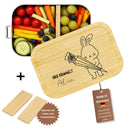 Personalisierte Edelstahl-Brotdose mit Bambusdeckel, Hasenmotiv mit Schultuete und Namensgravur fuer Kinder.