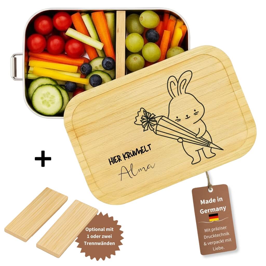 Personalisierte Edelstahl-Brotdose mit Bambusdeckel, Hasenmotiv mit Schultuete und Namensgravur fuer Kinder.