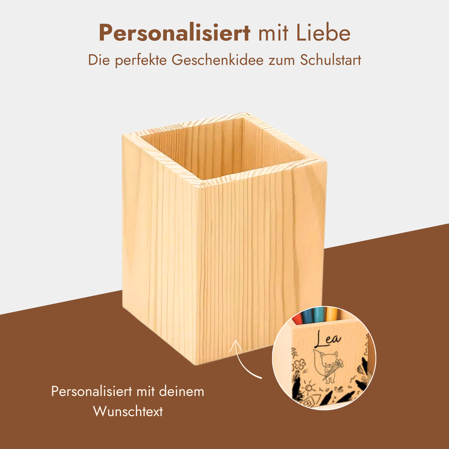 Personalisierter Stiftehalter aus Holz mit Gravur