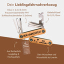 Fahrrad Multitool 9in1 aus Edelstahl mit Buchenholzgriff und personalisierter Lasergravur fuer Wunschtext und Wunschbild.