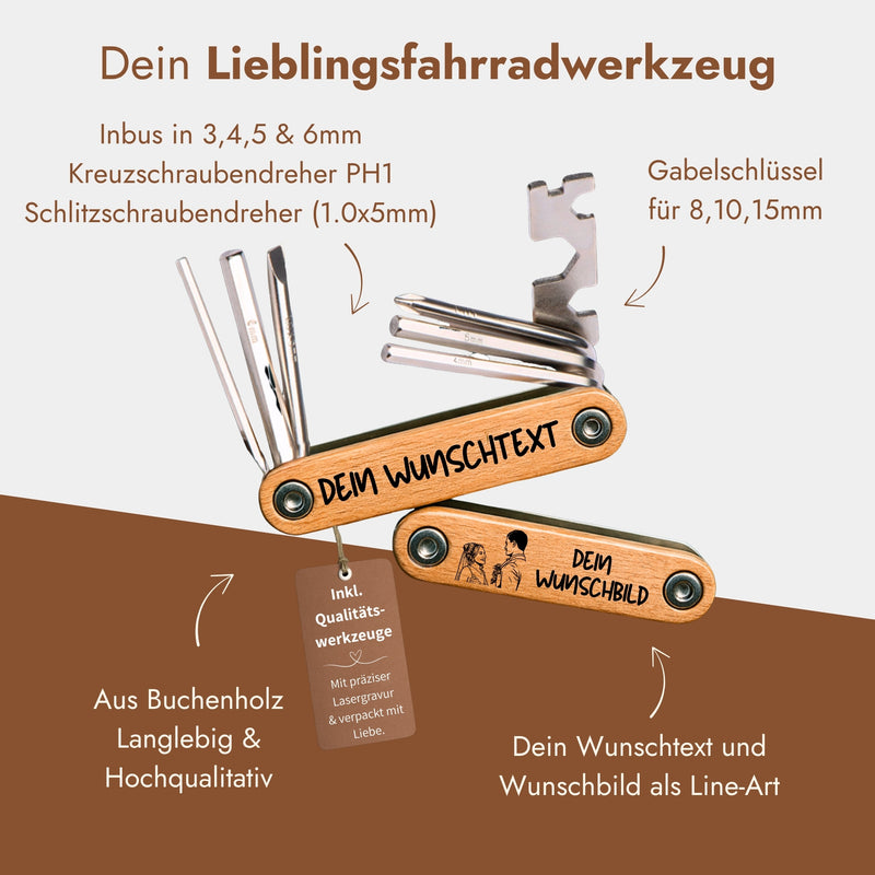 Fahrrad Multitool 9in1 aus Edelstahl mit Buchenholzgriff und personalisierter Lasergravur fuer Wunschtext und Wunschbild.