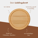 Rundes Frühstücksbrett aus Buchenholz mit Saftrille, personalisierbar mit individuellem Wunschmotiv als Gravur.