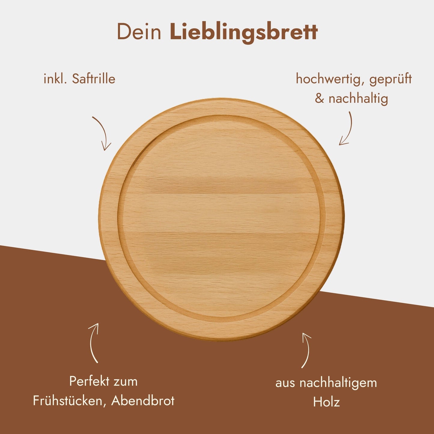 Rundes Frühstücksbrett aus Buchenholz mit Saftrille, personalisierbar mit individuellem Wunschmotiv als Gravur.