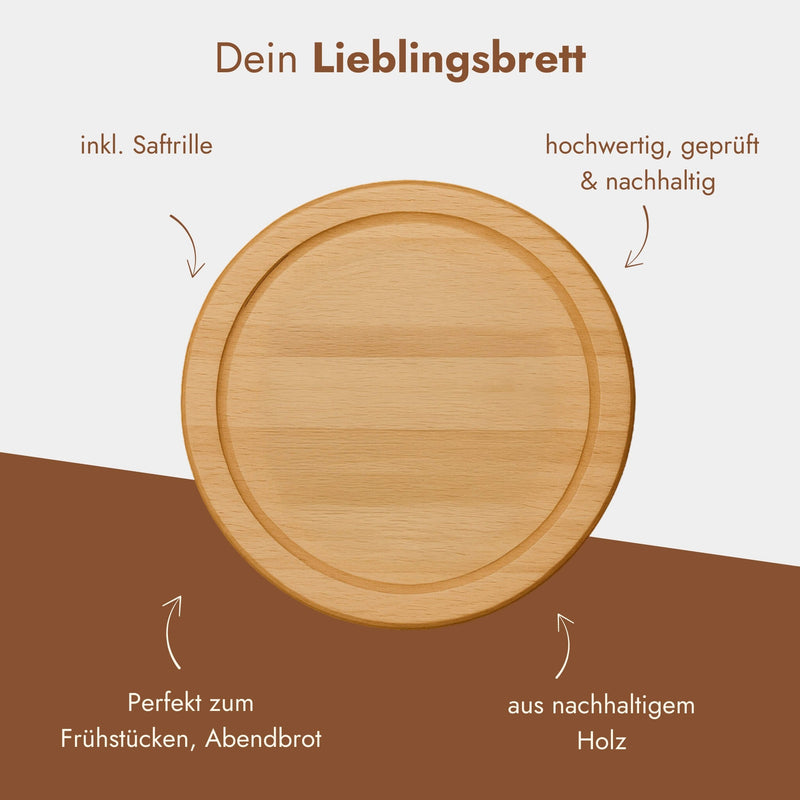Rundes Frühstücksbrett aus Buchenholz mit Saftrille, personalisierbar mit individuellem Wunschmotiv als Gravur.