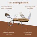 Personalisiertes 6-in-1 Campingbesteck aus Olivenholz und Edelstahl mit individueller Namensgravur, ausgeklappt.