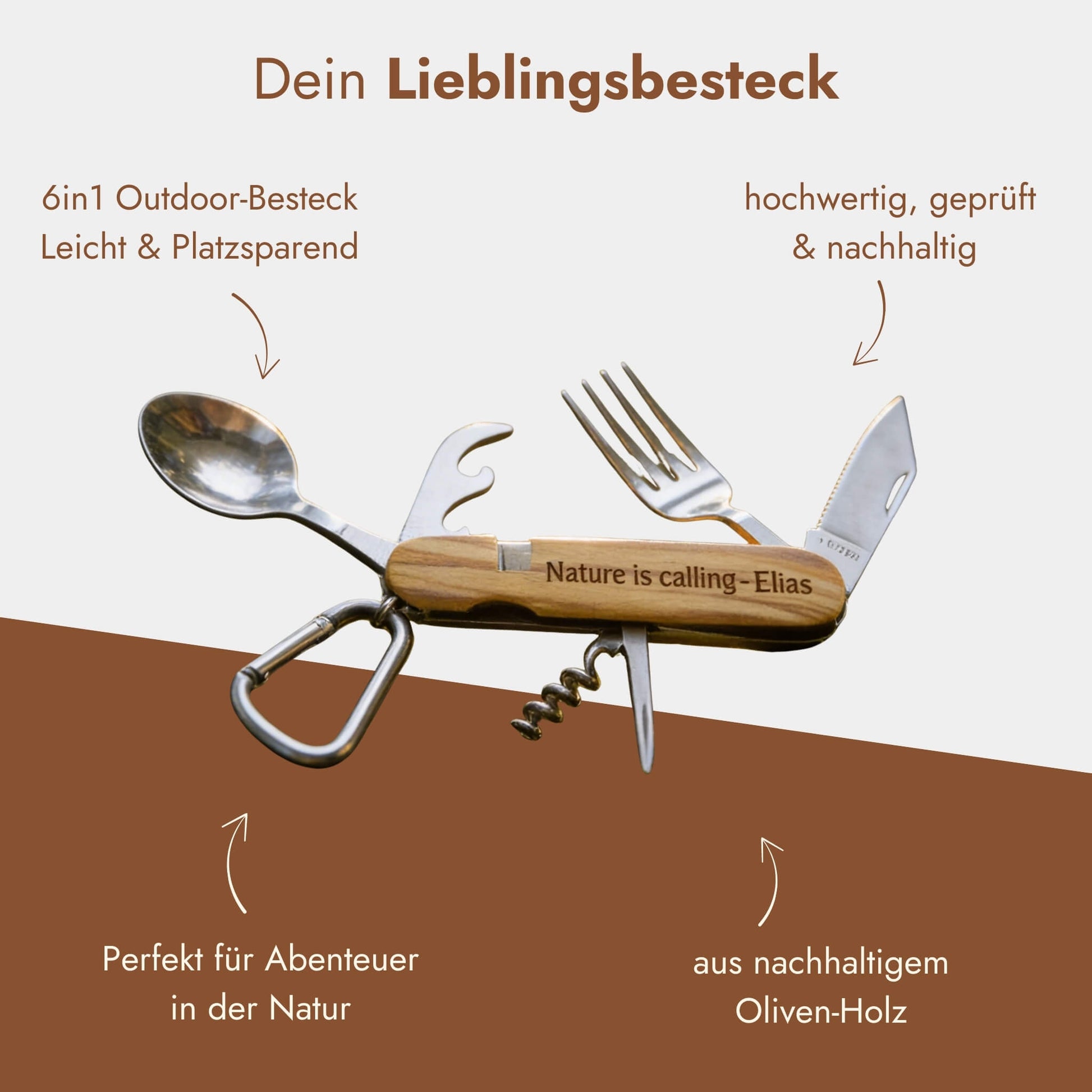 Personalisiertes 6-in-1 Campingbesteck aus Olivenholz und Edelstahl mit individueller Namensgravur, ausgeklappt.