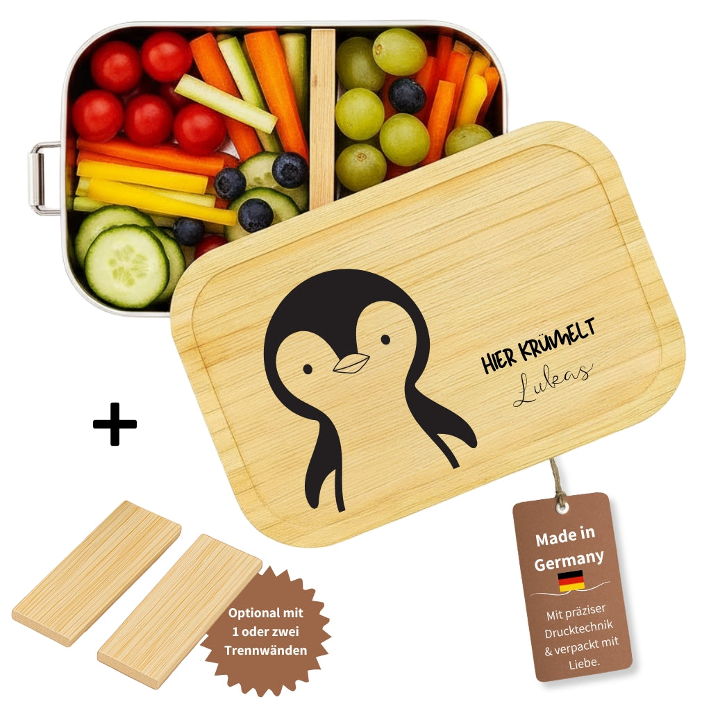 Personalisierte Edelstahl-Brotdose mit Bambusdeckel, Pinguin-Motiv und Namensgravur fuer Kinder.