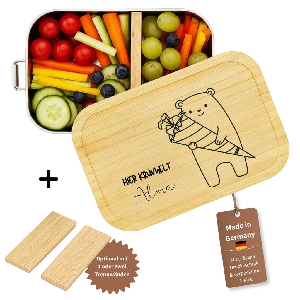 Personalisierte Edelstahl-Brotdose mit Bambusdeckel, Baerenmotiv mit Schultuete und Namensgravur, inklusive optionaler Trennwaende.