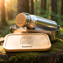 Personalisiertes Edelstahl Trinkflaschen- und Lunchbox-Set mit Bambusdeckel, Camper-Gravur und Namen Bumblebee.