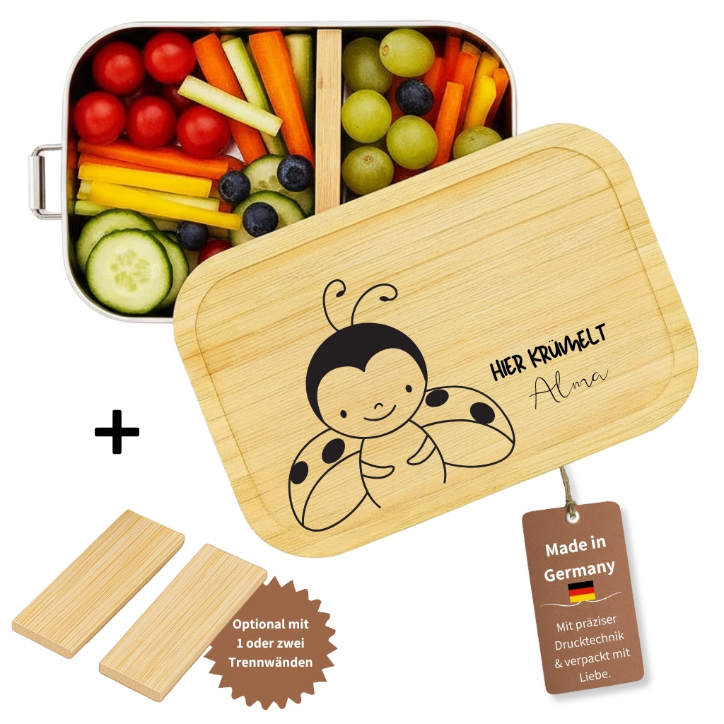 Personalisierte Edelstahl-Brotdose mit Bambusdeckel, Marienkäfer-Motiv und Namensgravur für Kinder.