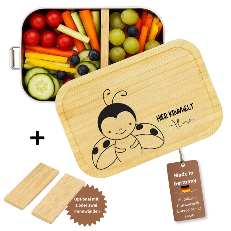 Personalisierte Edelstahl-Brotdose mit Bambusdeckel, Marienkäfer-Motiv und Namensgravur für Kinder.