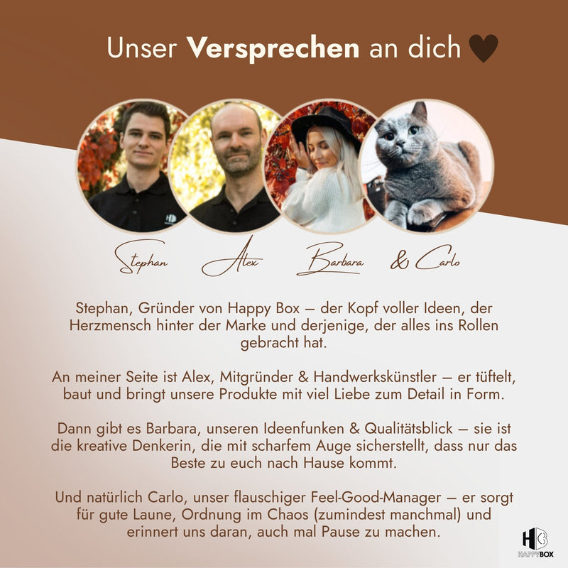 Team-Vorstellung Happy Box mit Gründer Stephan, Alex, Barbara und Katze Carlo samt Markenversprechen.