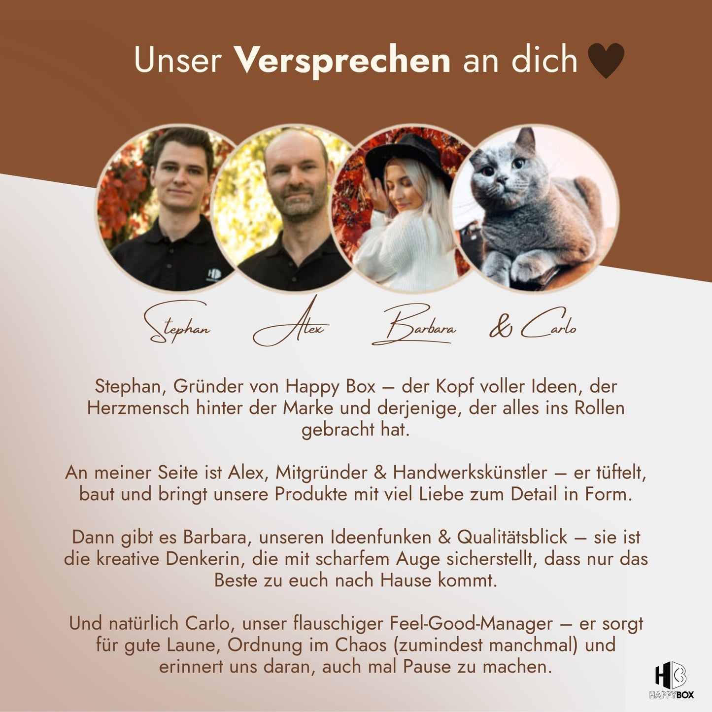 Team-Vorstellung Happy Box mit Gründer Stephan, Alex, Barbara und Katze Carlo samt Markenversprechen.