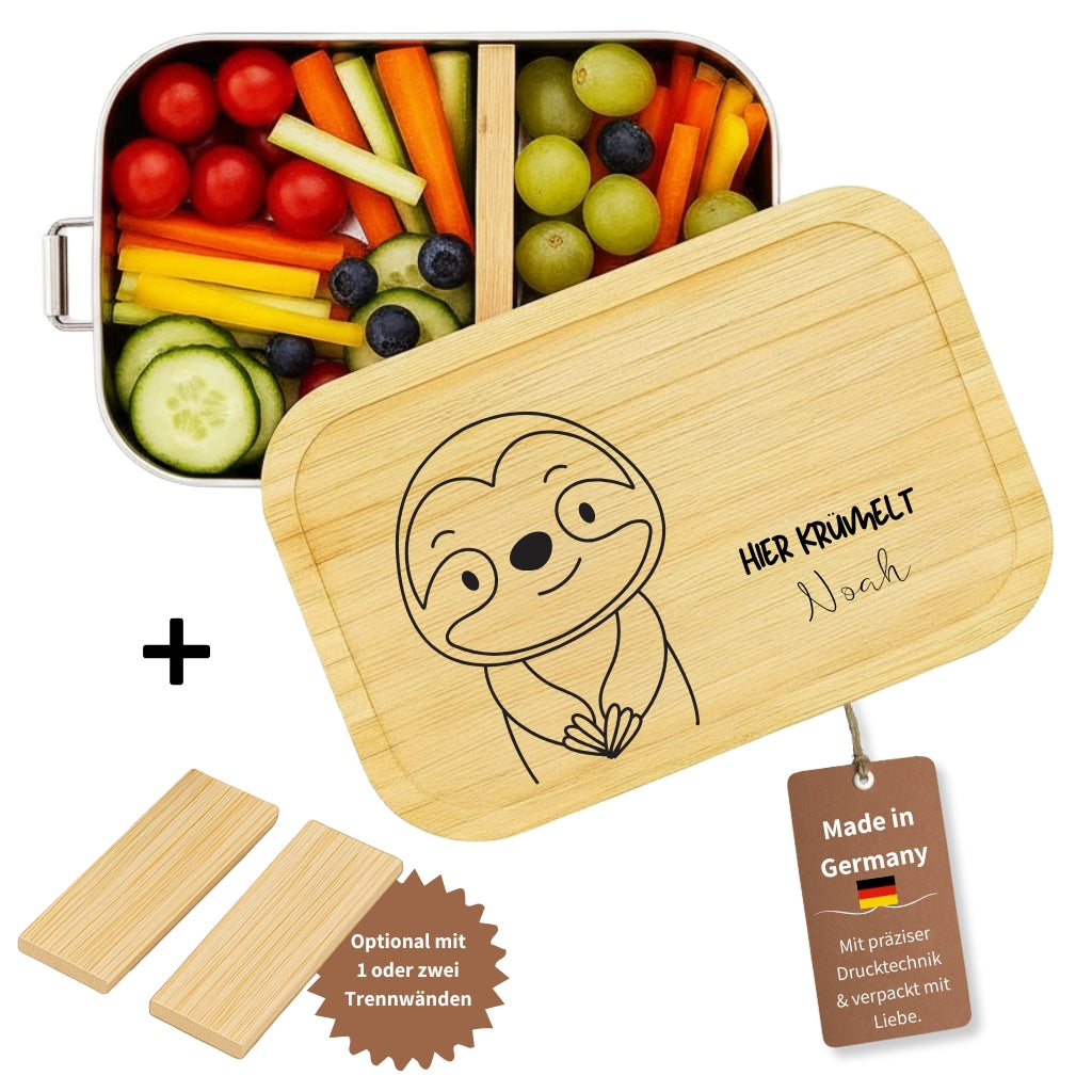 Personalisierte Edelstahl-Brotdose mit Bambusdeckel, Faultier-Motiv und Namensgravur fuer Kinder.