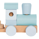 Personalisierbarer Holz-Stapelzug in Pastellblau mit stapelbaren Bausteinen als Lokomotive auf Naturholz-Basis.