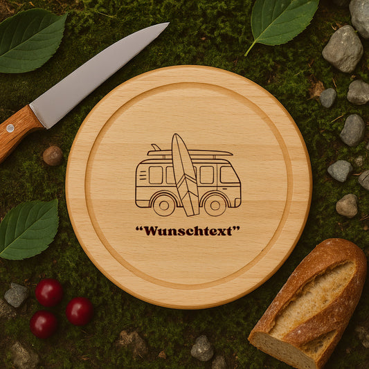 Holzbrett Rund - Campingbus + Wunschtext
