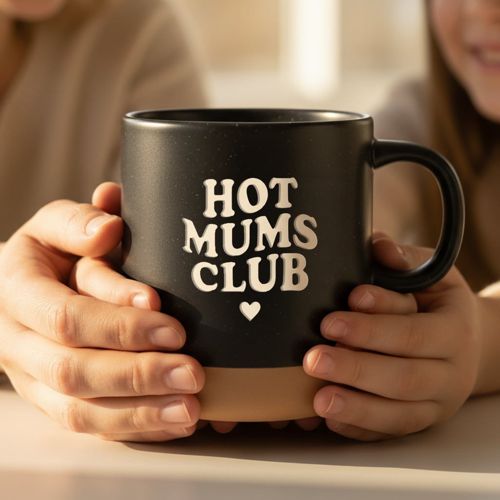 Schwarze Keramiktasse mit personalisiertem Druck "Hot Mums Club" und Herz als Muttertagsgeschenk.