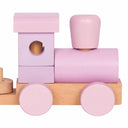 Rosa Holz-Stapelzug Lokomotive mit Steckformen als personalisierbares Kinderspielzeug aus Buche.