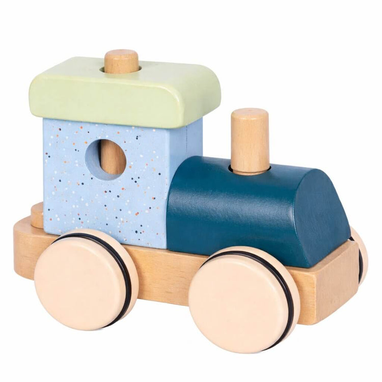 Personalisierbarer Holz Stapelzug Lokomotive in Pastellfarben mit stapelbaren Bausteinen fuer Kleinkinder.