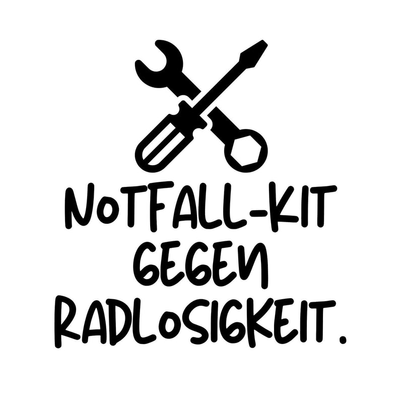 Gravurvorlage mit Werkzeug-Motiv und Spruch Notfall-Kit gegen Radlosigkeit fuer Fahrrad Multitool aus Edelstahl.