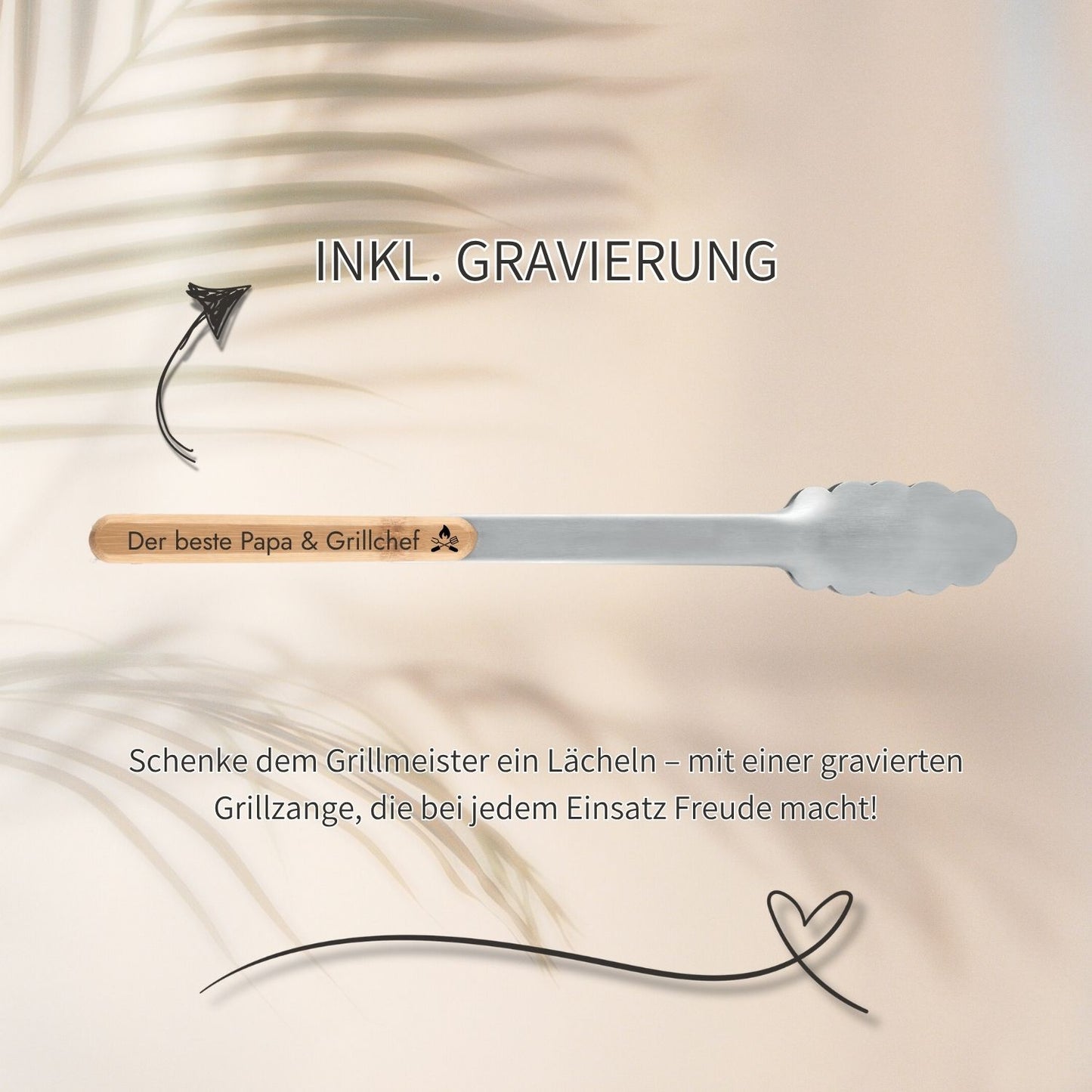 Personalisierte Grillzange aus Edelstahl mit Holzgriff und individueller Gravur als Geschenk fuer Vaeter.