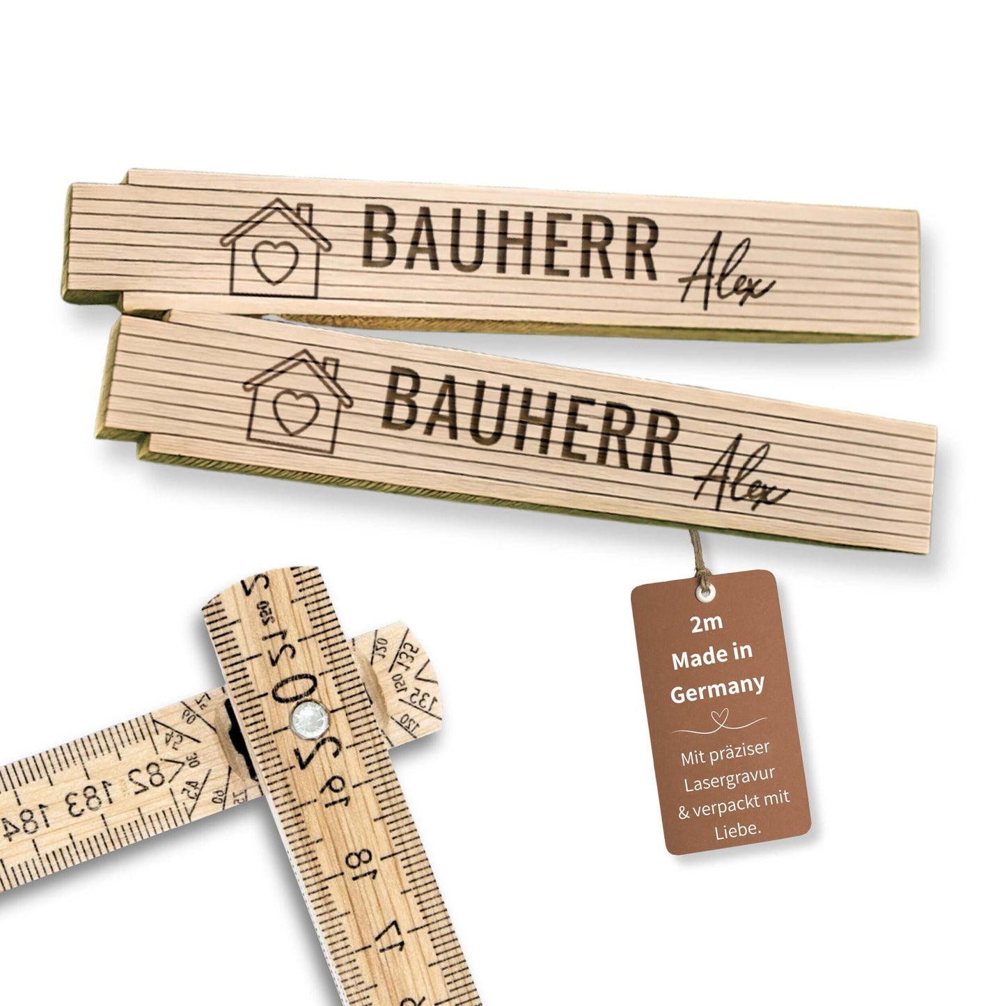 Personalisierter Zollstock aus Holz mit Gravur – Geschenk für Papa, Männer, Bauherr & Handwerker – 2m Buchenholz Maßstab individuell