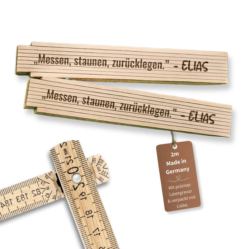 Personalisierter ADGA-Zollstock aus Holz mit Lasergravur eines Namens und lustigem Spruch, 2 Meter, Made in Germany.