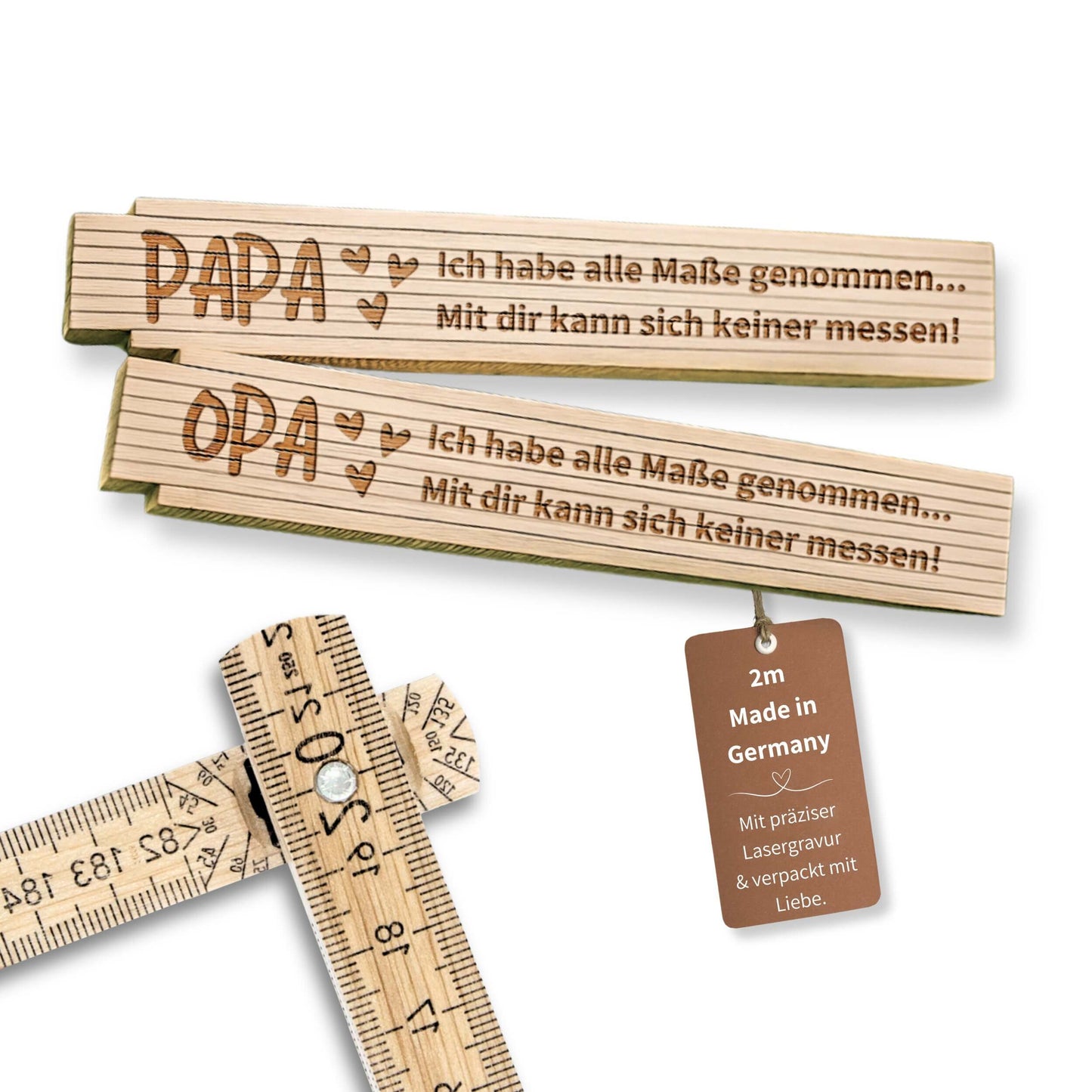 Personalisierter Zollstock aus Holz mit Gravur – Geschenk für Papa, Männer, Bauherr & Handwerker – 2m Buchenholz Maßstab individuell