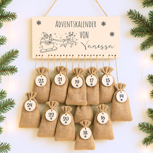 Adventskalender personalisiert - "Weihnachtsschlitten" Gravur Happy Box 
