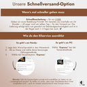 Schnellversand-Option mit Anleitung zur Express-Bestellung fuer personalisierte Geschenke am Handy und PC.