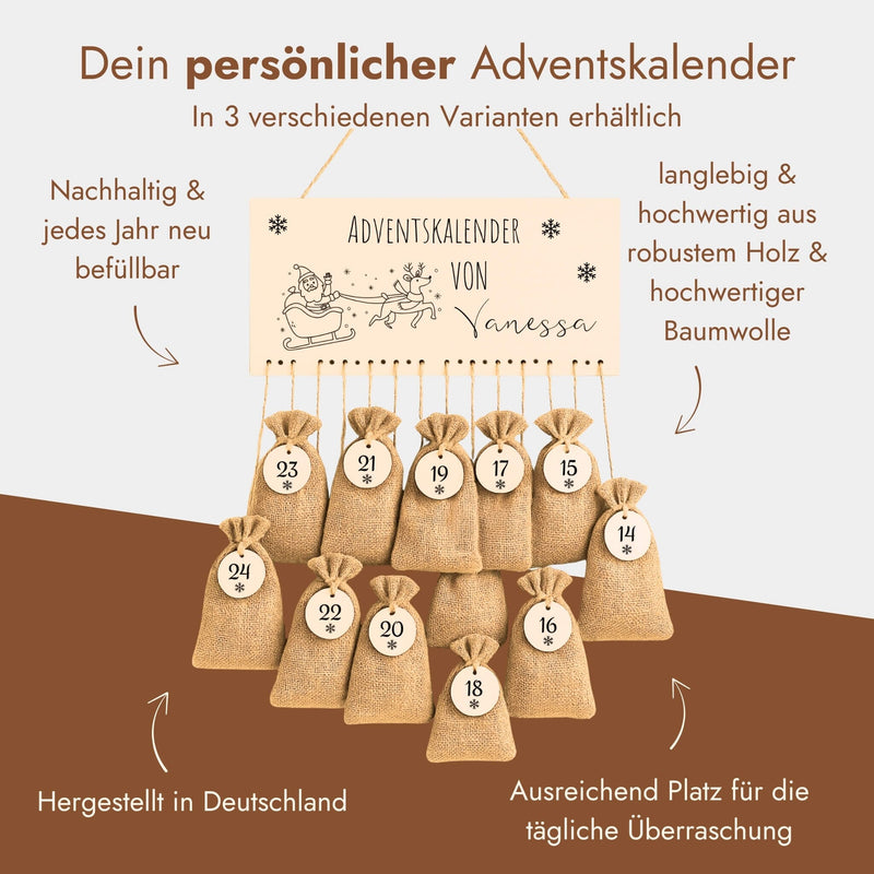 Personalisierter Adventskalender aus Holz mit Jutesaeckchen und graviertem Weihnachtsschlitten-Motiv zum Befuellen.