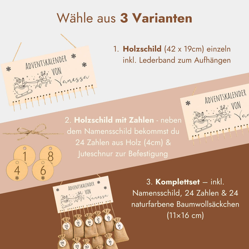 Personalisiertes Adventskalender-Holzschild mit Namensgravur, Zahlen und Baumwollsaeckchen in drei Varianten.