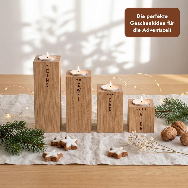 Adventskranz aus Eiche mit brennenden Teelichtern, Text: Die perfekte Geschenkidee für die Adventszeit.
