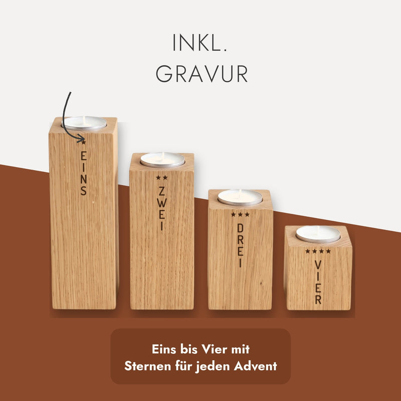 Adventskranz aus Eiche, Text: Inkl. Gravur, Eins bis Vier mit Sternen für jeden Advent.