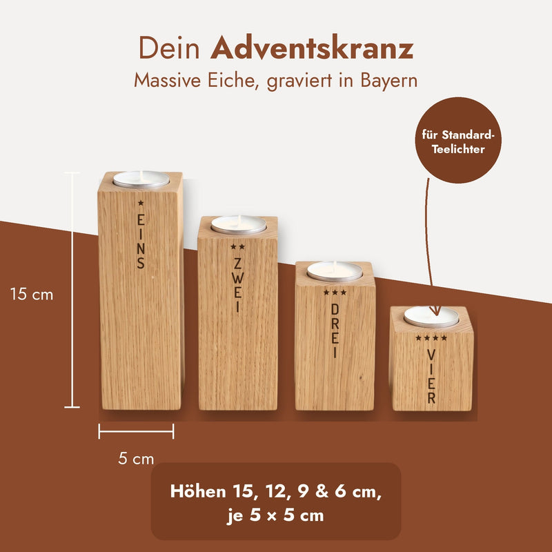 Adventskranz aus Eiche mit Maßangaben: 15 cm hoch, je 5 cm breit, Höhen 15, 12, 9 und 6 cm.
