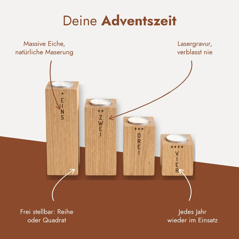 Deine Adventszeit: massive Eiche, Lasergravur, frei stellbar, jedes Jahr wieder im Einsatz.