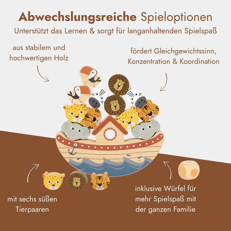 Holz-Balancierspiel Arche Noah mit bunten Tierpaaren und Wuerfel fuer Kinder ab 3 Jahren.