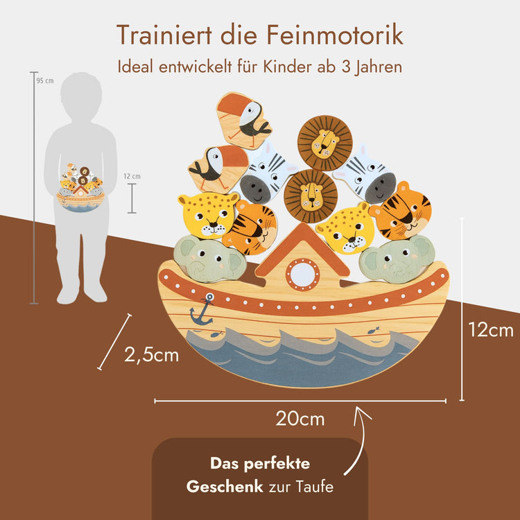 Holz-Balancierspiel Arche Noah mit bunten Tierfiguren, ideal als Taufgeschenk fuer Kinder ab 3 Jahren.