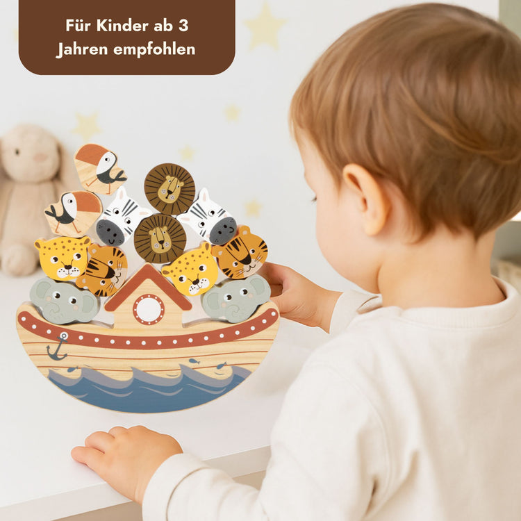 Holz-Balancierspiel Arche Noah mit bunten Tierfiguren zum Stapeln fuer Kinder ab 3 Jahren.