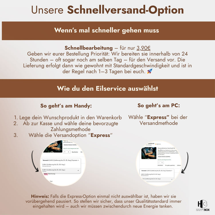 Schnellversand-Option mit Anleitung zur Express-Bestellung fuer personalisierte Geschenke am Handy und PC.